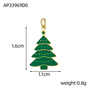 Detailed view of 1.6cm green Christmas tree charm with gold trim and size dimensions