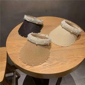 Straw sun visor hats for women with pearls in black, beige, and natural colors