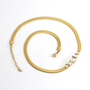 18k gold plated stainless steel flat snake chain necklace with four zircon stones