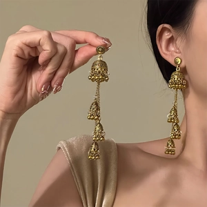 Retro Ethnic Jhumka Tassel Drop Earrings Multi Layered Bell Shape Hollow Out Alloy With Steel Earring Post For Women