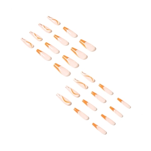 Orange coffin press-on nails with wave patterns and French tips, 24-piece full set