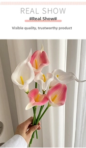 Detailed view of PU calla lilies showing realistic white and pink gradient petals