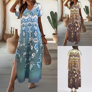 Robe Maxi Bohème Femme Imprimé Dégradé Col En V Manches Courtes Fente Haute Été Plage Vacances Décontractée Élégante