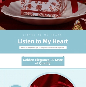 Detail of square wedding candy box with red floral pattern and satin ribbon decor