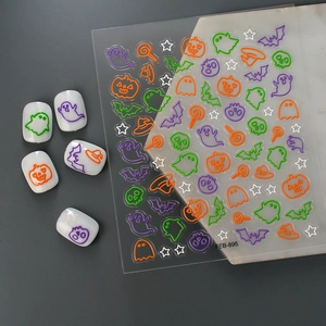 5D embossed Halloween nail stickers with cute ghosts, pumpkins and colorful bats patterns