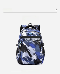 Front view of a stylish blue camouflage backpack with multiple compartments and side buckles
