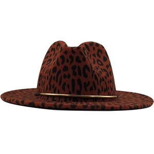 Detail of red leopard print fedora hat featuring flat brim and gold metal band accent