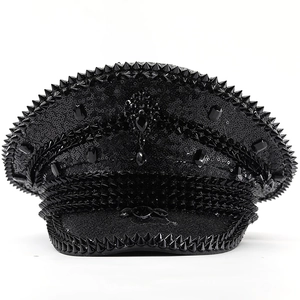 Sparkly black sequined captain hat with studs and gemstones for festival party costume
