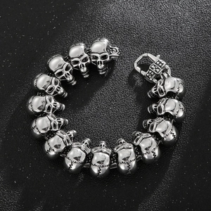 Gothic punk skull chain bracelet in polished stainless steel for men's rock jewelry style