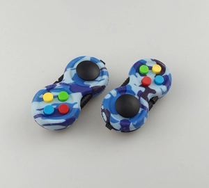 Top view of two blue camouflage fidget pads with colorful buttons and black joysticks