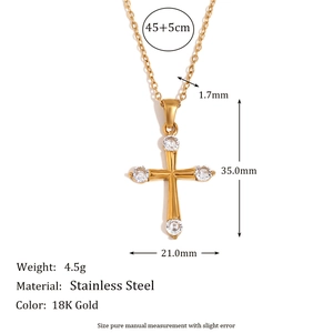 18K gold plated stainless steel cross necklace with white zircon and 45+5cm chain