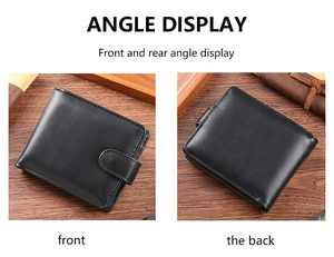 Front and back views of a vintage black PU leather men's wallet on a dark wood surface