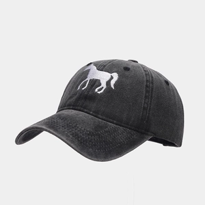 Deep grey washed cotton baseball cap with white horse embroidery on center front