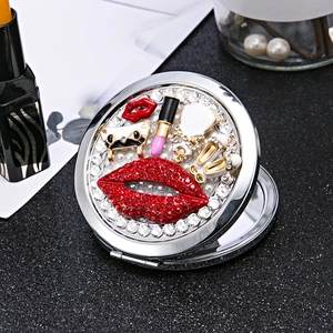 Mini portable folding makeup mirror with red lips, heels and pearls on silver case