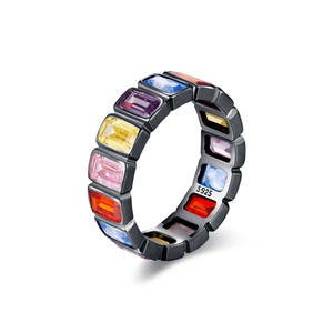 Luxury S925 sterling silver black gold ring with rainbow colored square gemstones