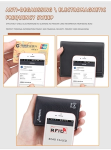 Detail of RFID blocking technology on black lychee leather wallet preventing data theft