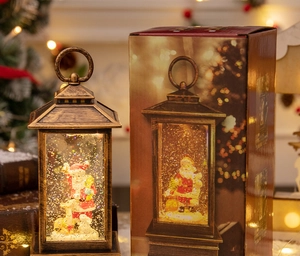 Antique bronze Christmas lantern with Santa Claus figurine and glittery swirling liquid