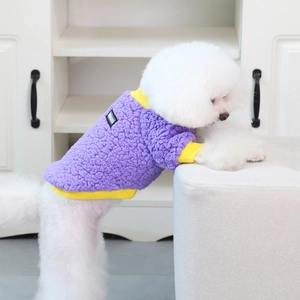 Detail of purple and yellow fleece pet vest on a small white dog in a minimalist setting
