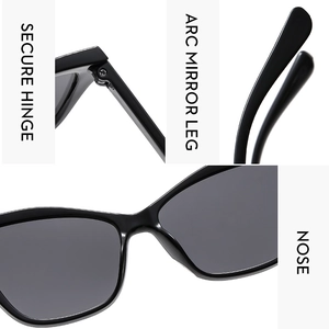 Detailed close-up of secure metal hinges and ergonomic temple tips of black cat-eye sunglasses