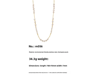 Detail view of M056 stainless steel necklace with specifications and freshwater pearls