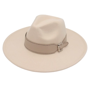 Detail of light beige wide brim fedora hat featuring a brown leather belt with silver buckle