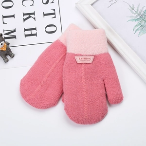 Kids warm striped knitted mittens in pink color block design with soft fleece lining