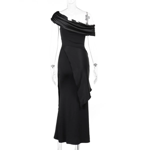 Detail view of the sleek satin texture and slim fit design of a black off-shoulder dress