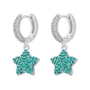 Detail of star drop earrings with green micro-paved zircons and silver finish
