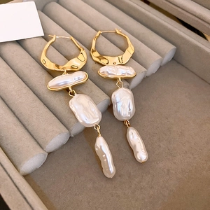 Vintage baroque irregular pearl tassel earrings with gold metal hoops in French style
