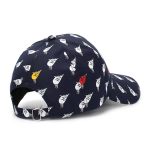 Navy blue baseball cap with colorful rooster print and adjustable silver metal buckle