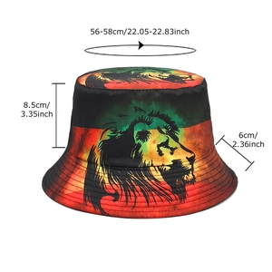Lion print bucket hat in reggae colors with detailed dimensions for outdoor sun protection