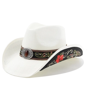 White woven cowboy hat with ethnic floral embroidery and vintage gemstone buckle