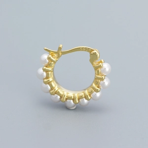 Minimalist gold hoop earring with white pearl and S925 silver hallmark on grey background