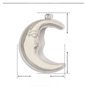 Detail view of crescent moon pendant showing 22mm height and 16mm width dimensions