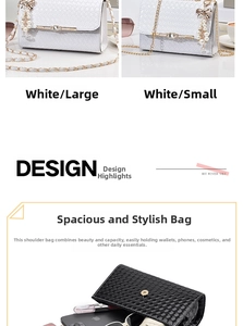 Detailed comparison of white woven shoulder bags in large and small sizes with pearl charms