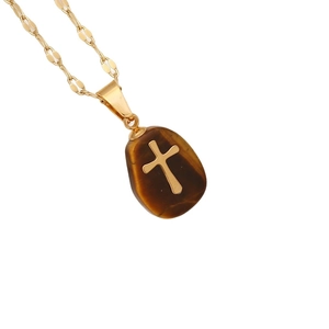 Natural tiger eye stone cross pendant necklace with a delicate golden stainless steel chain