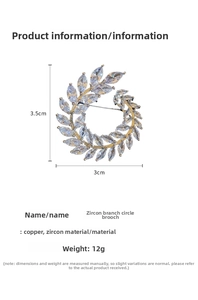 Detailed view of silver-toned zircon leaf wreath brooch with copper base measurements