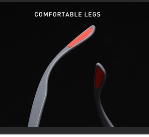 Detail of ergonomic sports sunglass temples with red anti-slip rubber pads for comfort