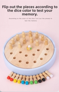 Macro view of wooden memory chess game set with colorful pegs and dice for kids