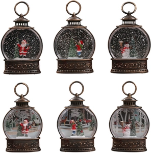 Retro bronze Christmas snow globe lanterns with Santa and snowman scenes in a 6-piece set