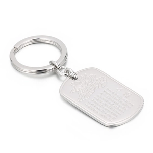 Stainless steel keychain with engraved lotus pattern and Buddhist scripture pendant