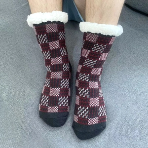 Men's thermal knit floor socks with red plaid pattern and fuzzy sherpa fleece lining