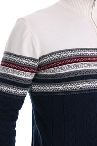 Detailed close-up of half-zip collar and Nordic geometric jacquard pattern on knit sweater
