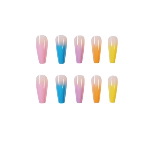Rainbow gradient press-on nails in long coffin shape with glossy finish, 10 pieces set