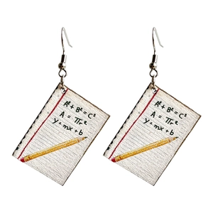 Teacher gift wood earrings with math formulas and pencil pattern on notebook paper design