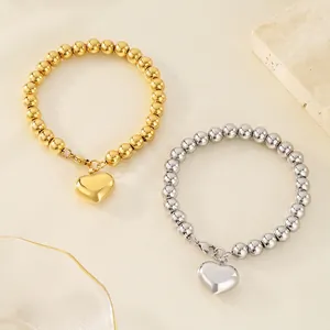 Bracciale Di Perline In Acciaio Inossidabile Con Ciondolo A Cuore Lucido Minimalista Per Donne