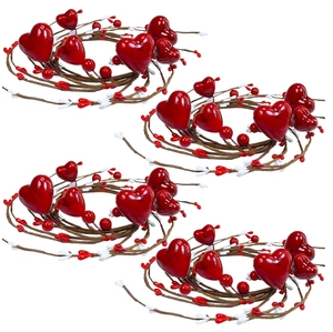 Set of four red heart berry candle rings with rustic vines for table decoration