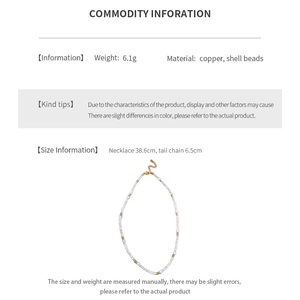 Detailed size and material specs for shell bead necklace in copper and white