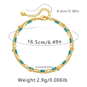 Detail showing 18K gold-plated double-layer chain bracelet dimensions and weight specifications