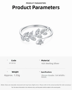 Detail view of S925 sterling silver leaf ring with marquise zircon and product specs